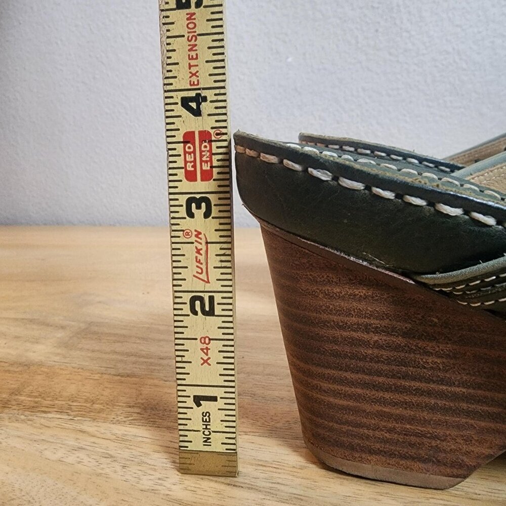 Frye Sandals Womens Size 7 Green Leather Woven Slide Mule High Heels 73370 - Picture 11 of 12